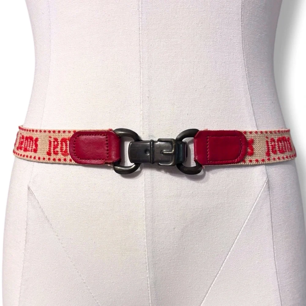 VINTAGE Red & Tan Elastic Belt “Jeans” with Metal Buckle